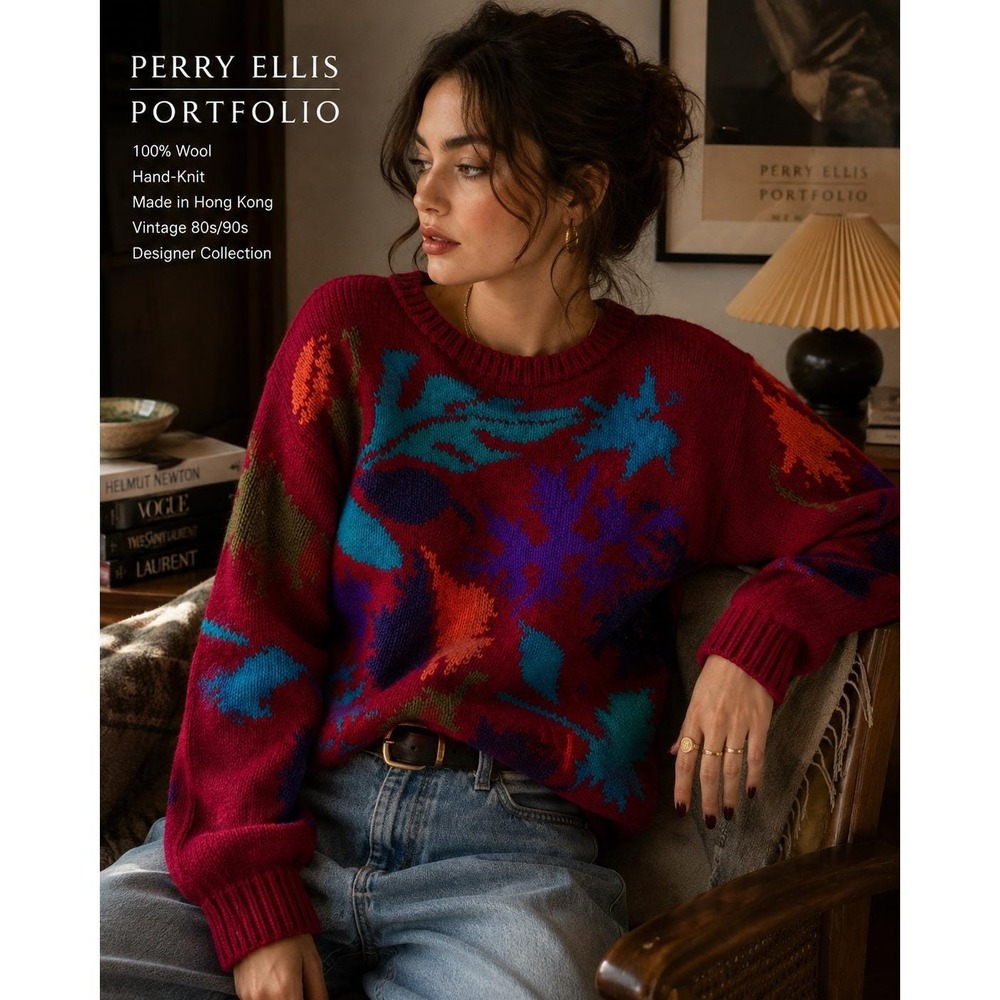 Perry Ellis Sweater Women Medium Red Excellent Vintage Hand Knit Wool Leaf 80s